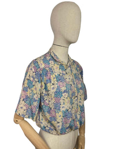 Original 1930's Pure Silk Blouse in Muted Floral Print in Blue, Pink and Yellow - Bust 34 36 *