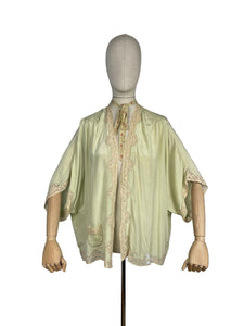 Original 1920's 1930's Bourne and Hollingsworth Pale Green Pure Silk Bed Jacket With Tambour Lace Detail and Ribbon Tie - Bust 34" 36" 38" 40"