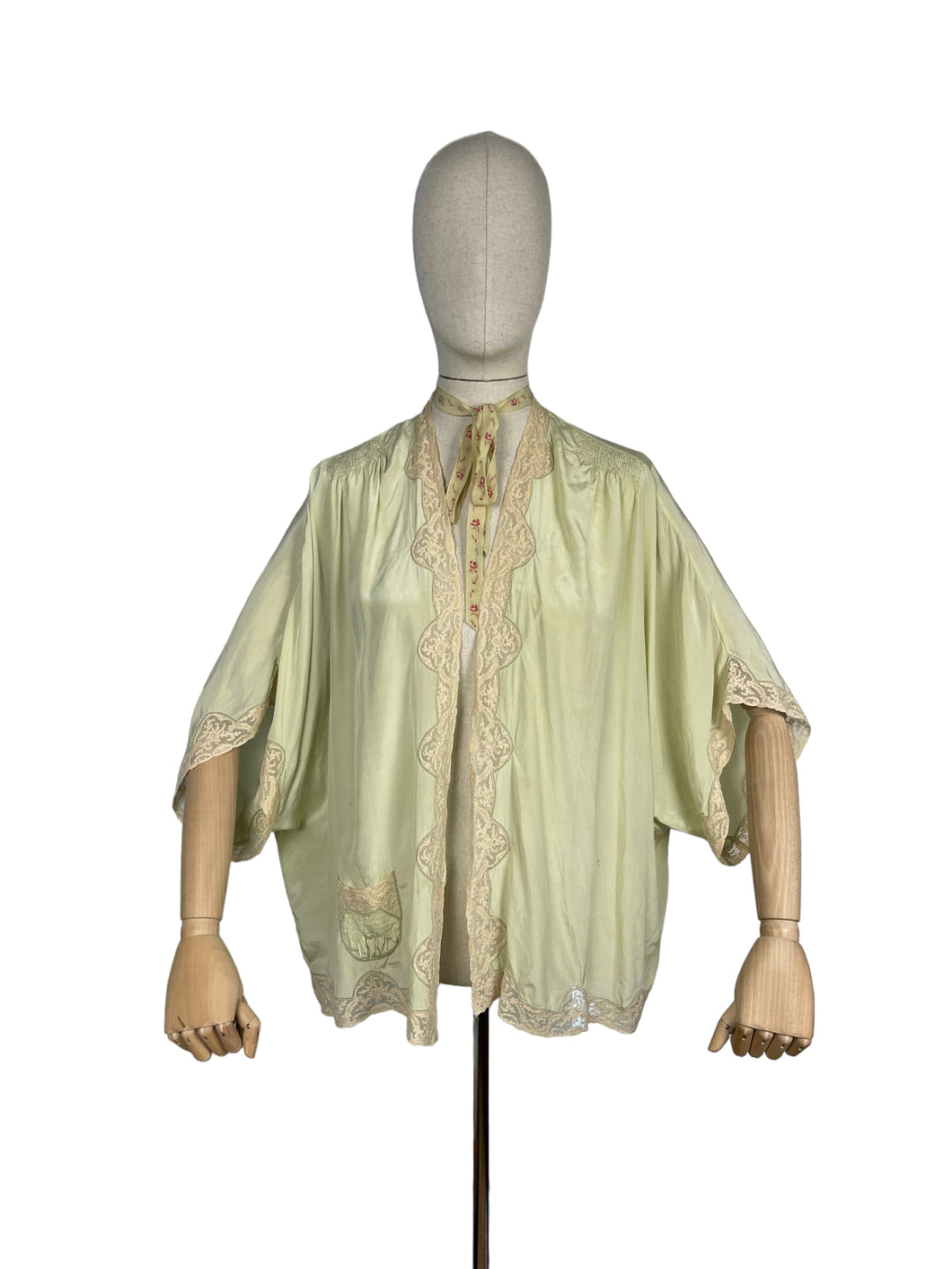 Original 1920's 1930's Bourne and Hollingsworth Pale Green Pure Silk Bed Jacket With Tambour Lace Detail and Ribbon Tie - Bust 34