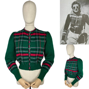 Late 1930's Reproduction Hand Knitted Long Sleeved Ski Jacket in Bottle Green, Cranberry Red, Slate Grey and Black Pure Wool  - Bust 38