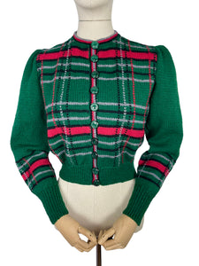 Late 1930's Reproduction Hand Knitted Long Sleeved Ski Jacket in Bottle Green, Cranberry Red, Slate Grey and Black Pure Wool  - Bust 38