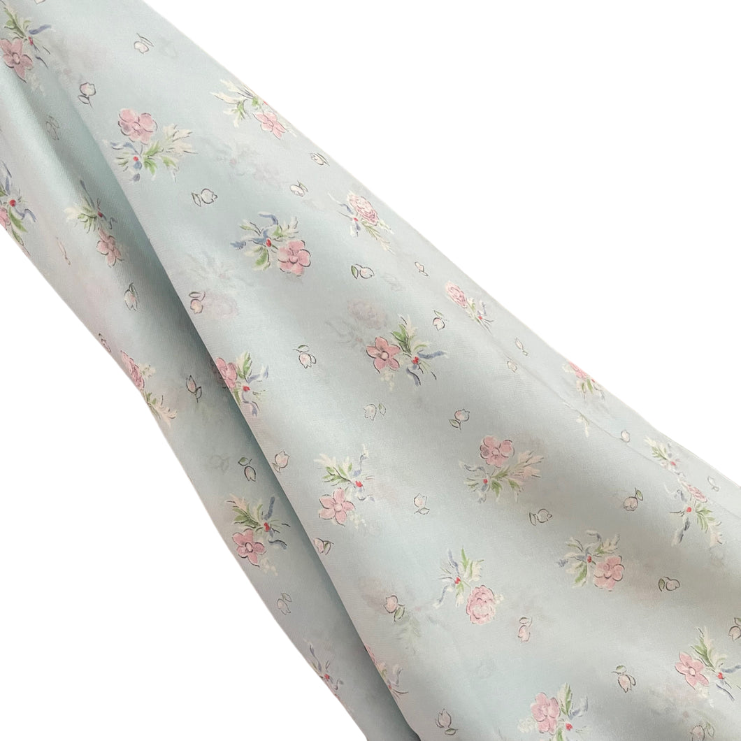 1940's Dressmaking Fabric for Nightwear or Underwear - Pale Blue With Pink Flowers and Blue Ribbons 32