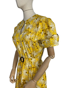 Reproduction 1940's Belted Day Dress in Yellow, Brown and White Floral Print - Bust 38 40
