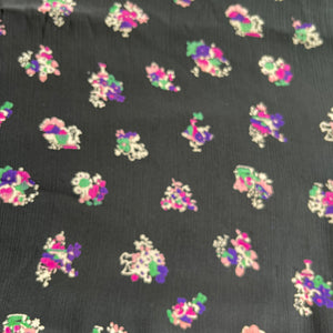 Original 1940's Black Pure Silk Novelty Print Dressmaking Fabric with Flowers and Houses in Pink, Green and Purple - 35" x 140"