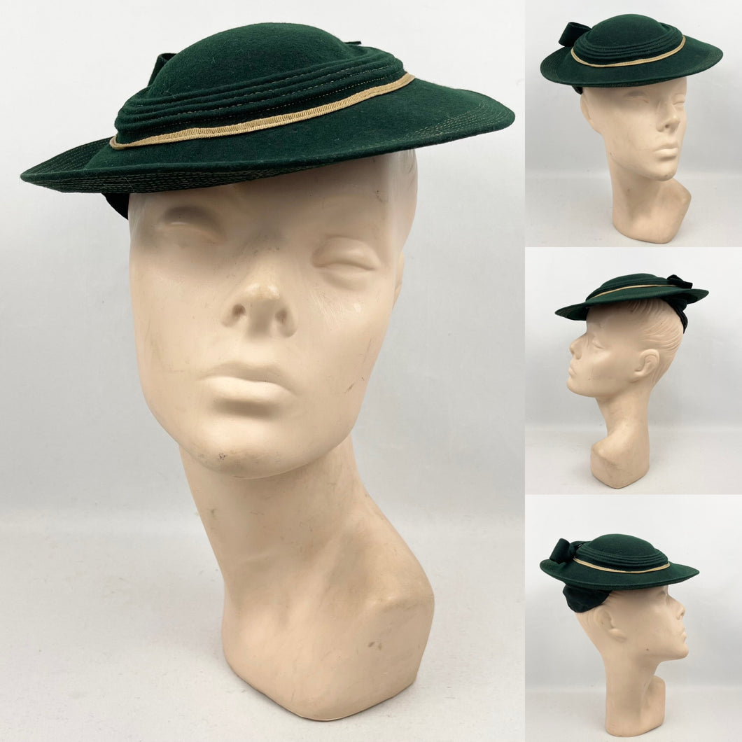 Original 1940’s Dark Green Felt Pancake Hat with Felt Bow Trim