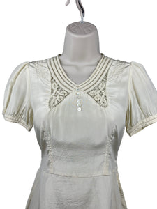 Original 1930’s Natural Silk Blouse with Belt, Mother of Pearl Buttons and Faggoting - Bust 30" 32"