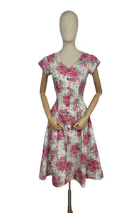 Original 1950's Charming Floral Cotton Day Dress in Pink and Green Print on White - Bust 33 34 *