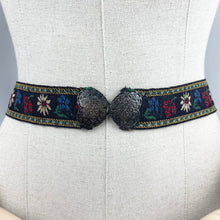 Load image into Gallery viewer, Vintage Embroidered Tyrolean Brooch Featuring Edelweiss and Gentian with Heart Shaped Double Buckle - Waist 29 30
