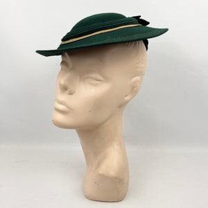 Original 1940’s Dark Green Felt Pancake Hat with Felt Bow Trim