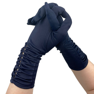 Charming Vintage Navy Blue Nylon Gloves with Diamond Openwork Detail on the Wrist - Size 6.5