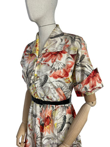 Original Late 1940's or Early 1950's CC41 Belted Zip Fronted Bold Floral Dress in Taffeta - Bust 36 38