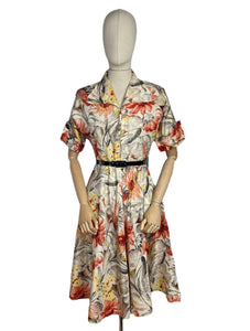 Original Late 1940's or Early 1950's CC41 Belted Zip Fronted Bold Floral Dress in Taffeta - Bust 36 38