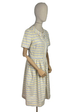 Load image into Gallery viewer, Original 1950&#39;s Thick Cotton Zip Front Dress in White, Yellow and Blue Stripe - Bust 36
