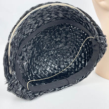 Load image into Gallery viewer, Original 1930&#39;s Black and White Lacquered Raffia Hat with Feather Trim
