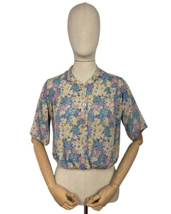 Original 1930's Pure Silk Blouse in Muted Floral Print in Blue, Pink and Yellow - Bust 34 36 *