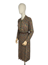 Load image into Gallery viewer, Original 1930’s Brown Crepe Long Sleeved Dress with Pretty Print in Blue, Rust, Green and Yellow - Bust 36 38
