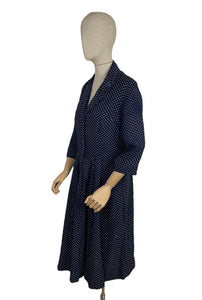 Original 1940's Classic Blue and White Polka Dot Day Dress - Bust 38