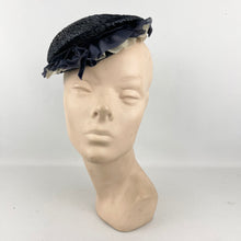 Load image into Gallery viewer, Original 1940’s Navy Blue Straw Topper Hat with White and Blue Ruffle Trim
