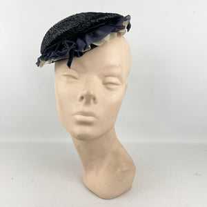 Original 1940’s Navy Blue Straw Topper Hat with White and Blue Ruffle Trim