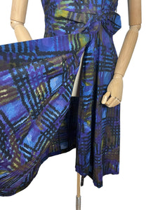 Original 1960’s Cotton Day Dress in Blue with Abstract Print - Bust 36 38