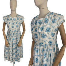 Load image into Gallery viewer, Original 1950&#39;s White and Blue Nylon Day Dress with Pretty Roses Print - Bust 34 36
