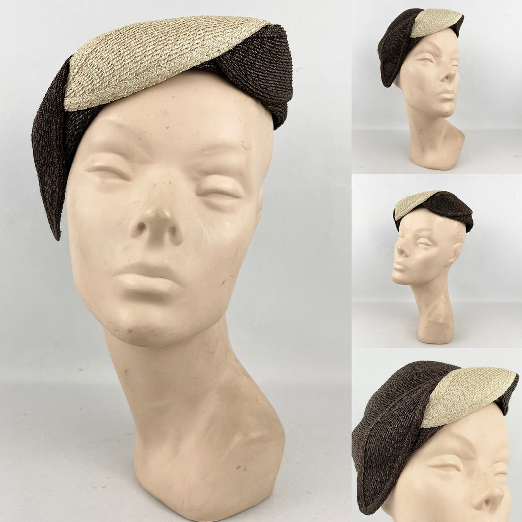 RESERVED FOR KAT Original 1930’s Brown and Cream Straw Hat with Leaf Detail