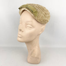 Load image into Gallery viewer, Original 1950’s Hat in Cream with Satin Edging and Soft Green Velvet Bow Trim *
