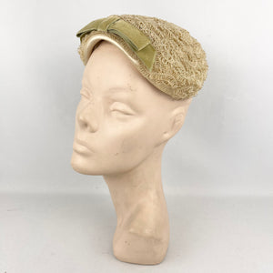 Original 1950’s Hat in Cream with Satin Edging and Soft Green Velvet Bow Trim *