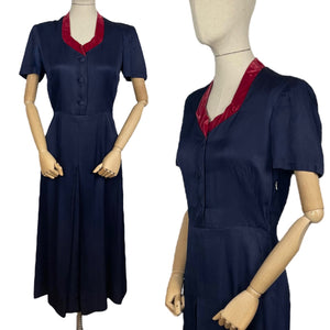 Original 1940's Classic Navy Blue Day Dress with Button Front and Red Velvet Trim - Bust 35 36 *