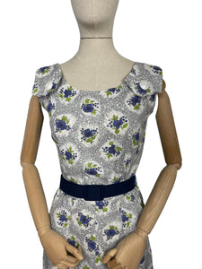 Original 1940's Grey, White, Blue and Green Cotton Summer Dress with Floral Print - B36