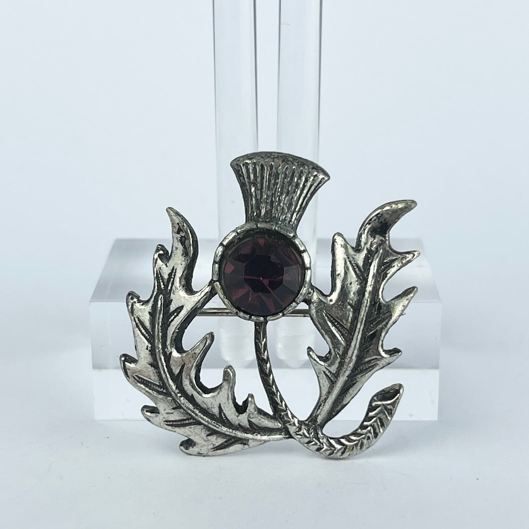Charming Vintage Scottish Thistle Brooch with Purple Paste Stone