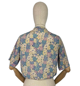 Original 1930's Pure Silk Blouse in Muted Floral Print in Blue, Pink and Yellow - Bust 34 36 *