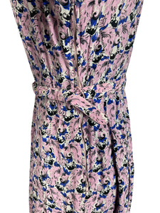 Original 1940's Novelty Print Belted Day Dress in Pink, White, Black and Blue Featuring Birds - Bust 36