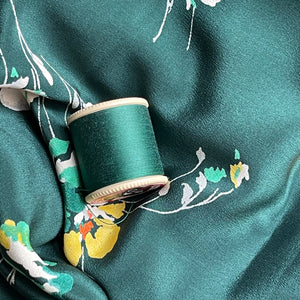 Original 1930's Emerald Green Pure Silk Fabric with Autumnal Floral Print - Dress Length