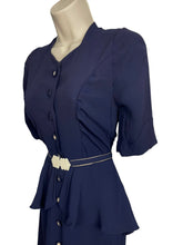 Load image into Gallery viewer, Original 1930&#39;s Navy Blue Crepe Belted Day Dress with Half Peplum and Two-Tone Buttons - Bust 32&quot; *
