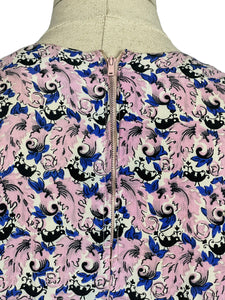 Original 1940's Novelty Print Belted Day Dress in Pink, White, Black and Blue Featuring Birds - Bust 36