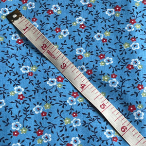 Vintage Cotton Dressmaking Fabric - Blue Base with Ditsy Floral Print in Red, White and Green - 35" x 88"