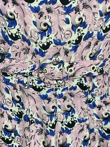 Original 1940's Novelty Print Belted Day Dress in Pink, White, Black and Blue Featuring Birds - Bust 36