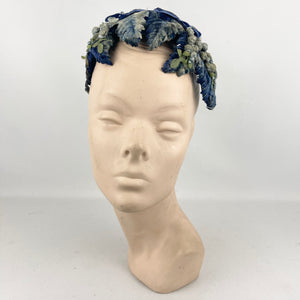 Original 1950’s Flower and Leaf Half Hat in Soft Blue and Green with Double Bow Trim