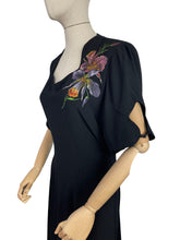 Load image into Gallery viewer, Utterly Incredible True Volup Original 1930&#39;s 1940&#39;s Satin Backed Crepe Dress with Hand Painted Floral Design - Bust 44 46
