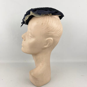 Original 1940’s Navy Blue Straw Topper Hat with White and Blue Ruffle Trim