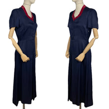 Load image into Gallery viewer, Original 1940&#39;s Classic Navy Blue Day Dress with Button Front and Red Velvet Trim - Bust 35 36 *
