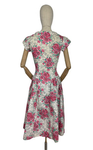 Original 1950's Charming Floral Cotton Day Dress in Pink and Green Print on White - Bust 33 34 *