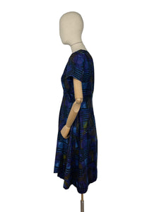 Original 1960’s Cotton Day Dress in Blue with Abstract Print - Bust 36 38