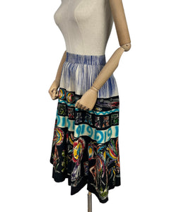 Original 1950's Cotton Cara Hendrix Painted Mexican Skirt in Vibrant Aztec Warriors Print - Waist 31 32 33 *