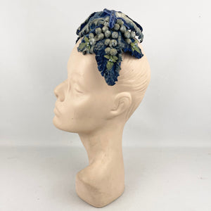 Original 1950’s Flower and Leaf Half Hat in Soft Blue and Green with Double Bow Trim