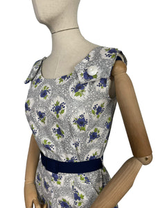 Original 1940's Grey, White, Blue and Green Cotton Summer Dress with Floral Print - B36