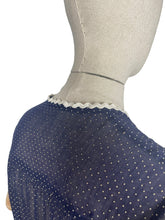 Load image into Gallery viewer, Charming Original Late 1930&#39;s or Early 1940&#39;s Sheer Navy and White Swiss Dot Dress with Ric-rac Trim - Bust 34 36
