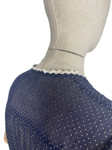 Charming Original Late 1930's or Early 1940's Sheer Navy and White Swiss Dot Dress with Ric-rac Trim - Bust 34 36
