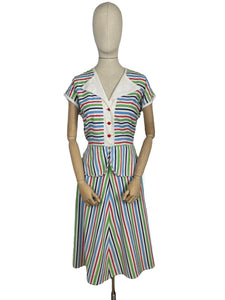 Original 1940's Lightweight Summer Dress in Stripes of Blue, Red and Green on White - Bust 38 40